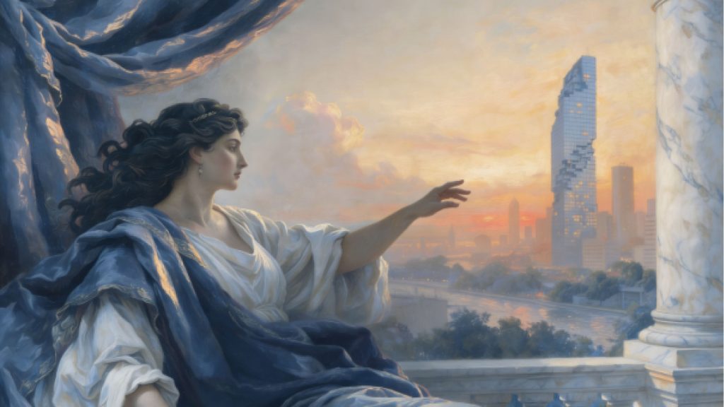 A classical female figure in blue and white robes gestures toward a modern city skyline at sunset, symbolizing vision, progress, and the connection between tradition and future growth.