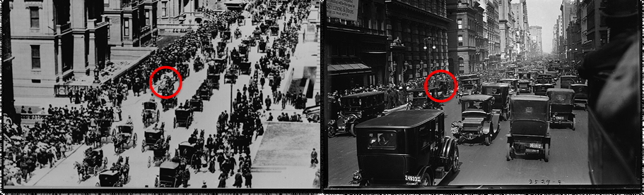 Side-by-side black-and-white historical photographs of New York City’s Fifth Avenue Easter Parade, comparing 1900 on the left with horse-drawn carriages and 1913 on the right with automobiles replacing horses, with red circles highlighting the changing mode of transport.