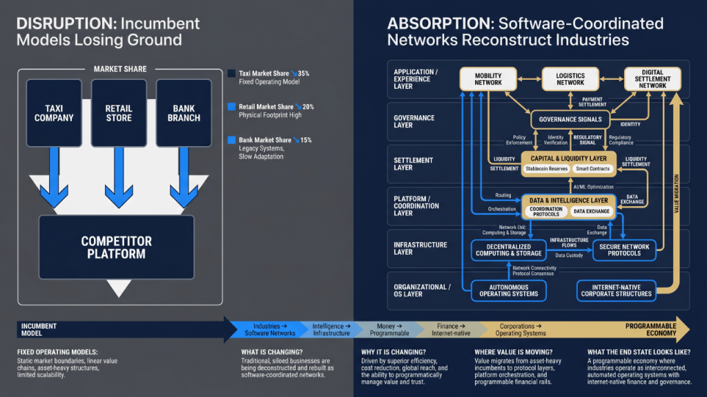 Side-by-side infographic comparing industry disruption with technology absorption. The left side shows traditional industries losing market share to a competitor platform, while the right side illustrates software-coordinated networks composed of governance, liquidity, intelligence, infrastructure, and settlement layers forming a programmable economy.