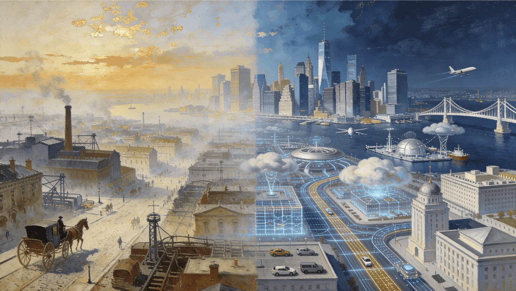 An oil-painting-style cityscape showing the transformation from an industrial past with horse carriages and factories to a modern technology-driven city with financial towers, bridges, aerospace, cloud infrastructure, and glowing digital networks.