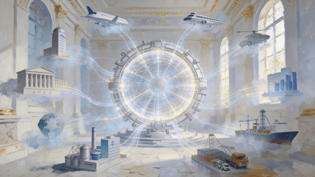 A Renaissance-inspired editorial illustration showing a luminous central network absorbing industries including banking, transportation, energy, logistics, real estate, aviation, shipping, and manufacturing into a unified programmable economic system.