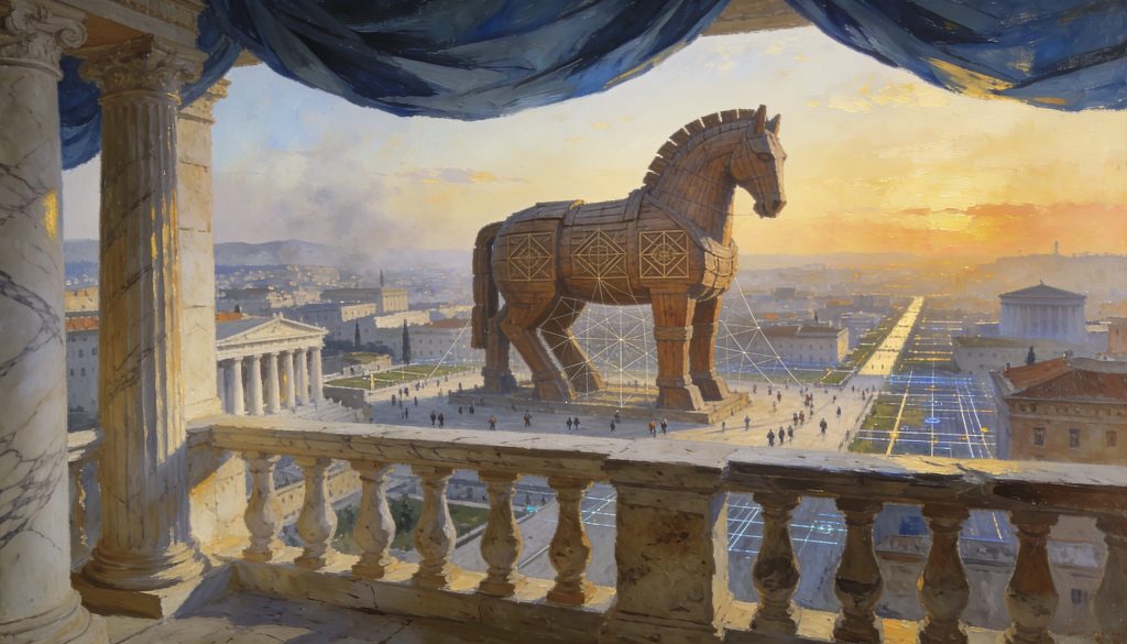 A futuristic digital gateway opening toward a glowing network city, with the headline “The Trojan Horse” and a subtitle about stablecoins onboarding the next billion Web 3.0 users.
