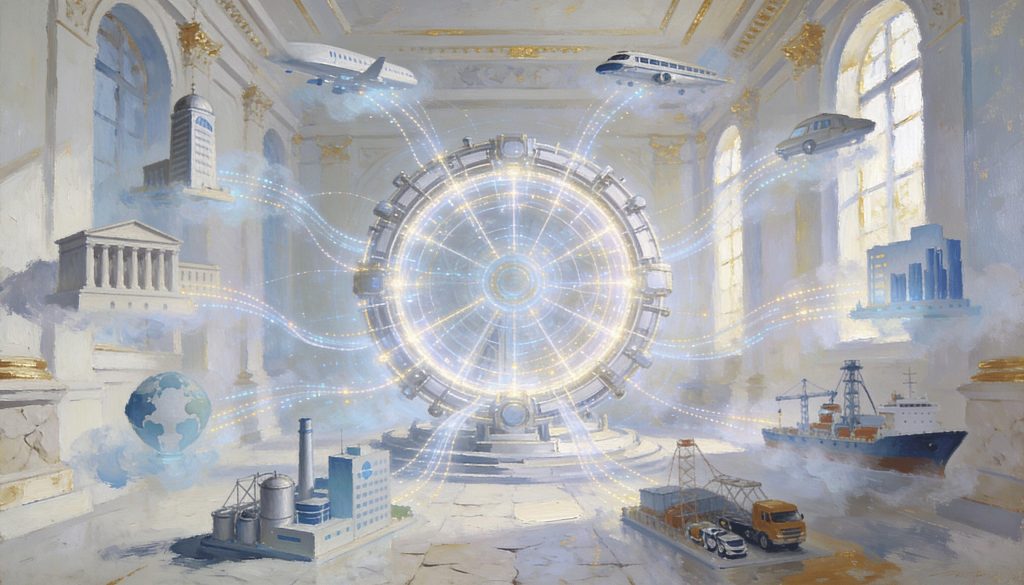Conceptual artwork depicting a glowing digital portal absorbing global industries—including finance, shipping, aviation, manufacturing, and real estate—within a grand Renaissance hall.