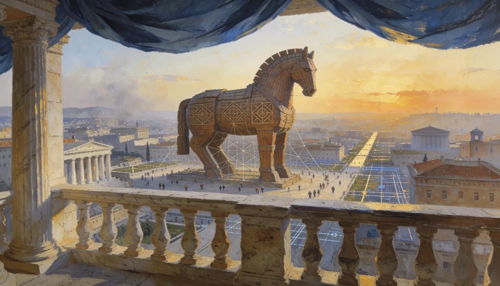 A futuristic digital gateway opening toward a glowing network city, with the headline “The Trojan Horse” and a subtitle about stablecoins onboarding the next billion Web 3.0 users.