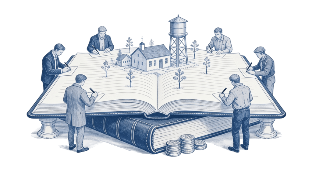 Icon of multiple people writing in a giant open book. The book's pages feature a small village with buildings, trees, and a water tower, with stacks of coins at the base, drawn in a vintage blue and white line-art style.