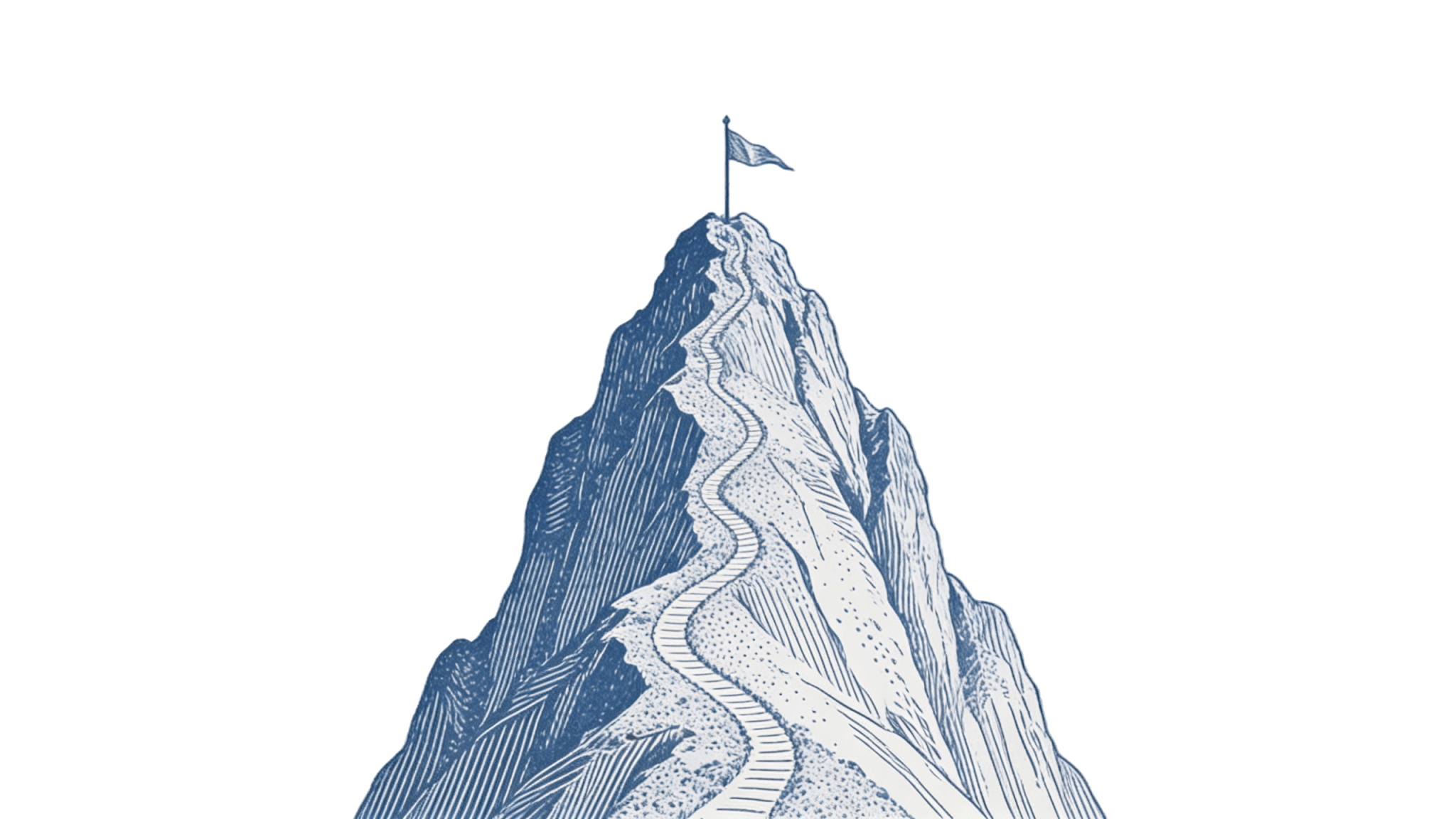 Icon of a mountain peak with a winding staircase path leading up to a flag planted at the summit, illustrated in a vintage blue and white line-art style.