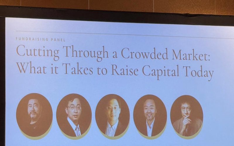 A presentation screen displaying the fundraising panel titled "Cutting Through a Crowded Market: What it Takes to Raise Capital Today," featuring headshots and names of moderator David Peng and panelists Sean Low, William Wang, P.R. Yu, and Willie Chang.