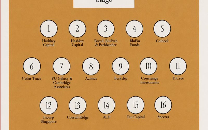 Seating chart diagram for the MAPS Main Conference Hall showing numbered tables from 1 to 22 with corresponding company names, including Hashkey Capital, Brooker Group, and BluFin Funds.