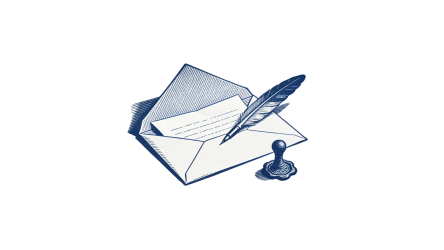 Icon of an open envelope with a written letter, a quill pen, and a wax seal stamp in a vintage blue and white line-art style.