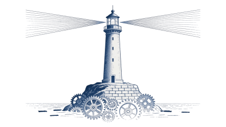 Icon of a lighthouse emitting beams of light, built upon a foundation of interlocking gears resting in water, drawn in a vintage blue and white line-art style.